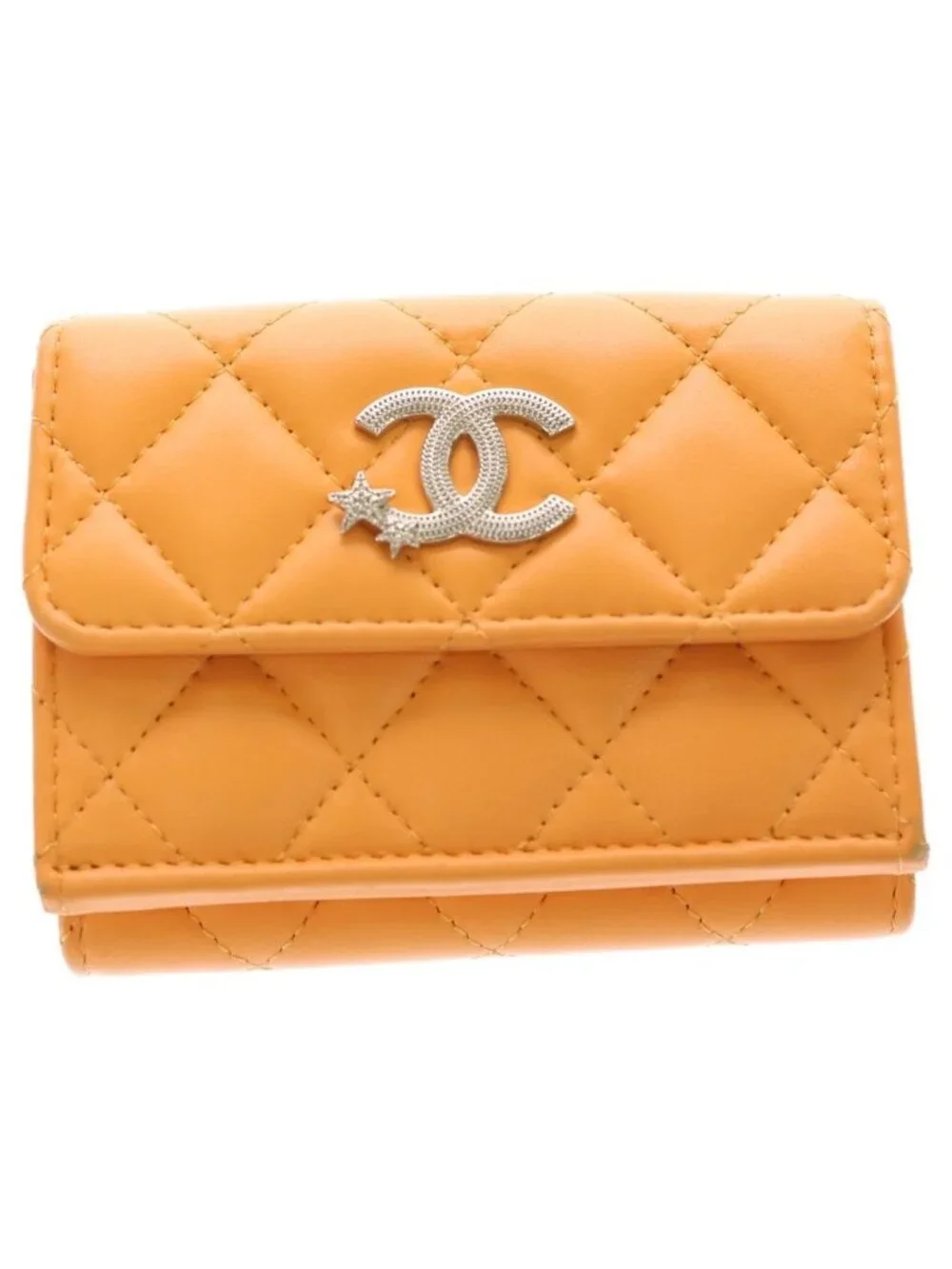 Chanel CC Logo Star Trifold Wallet Compact Coin Case Orange Leather Silver